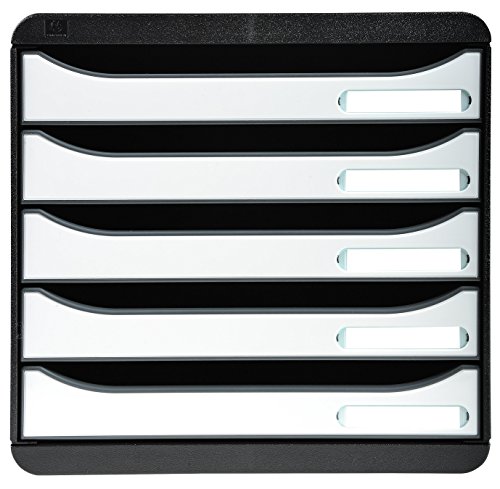 Exacompta 3097213D Premium Ablagebox mit 5 Schubladen für DIN A4+ Dokumente. Stapelbare Schubladenbox mit hoher Kapazität für mehr Platz auf dem Schreibtisch Big Box Plus Glossy Schwarz|Weiß von Exacompta