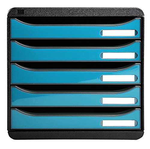 Exacompta 3097282D Premium Ablagebox mit 5 Schubladen für DIN A4+ Dokumente. Stapelbare Schubladenbox mit hoher Kapazität für mehr Platz auf dem Schreibtisch Big Box Iderama Schwarz|Türkis von Exacompta