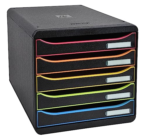 Exacompta 309914D Premium Ablagebox mit 5 Schubladen für DIN A4+ Dokumente. Stapelbare Schubladenbox mit hoher Kapazität für mehr Platz auf dem Schreibtisch Big Box Plus Black Office Schwarz-Bunt von Exacompta