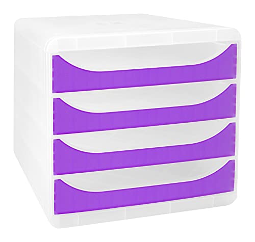 Exacompta 310319D Premium Ablagebox Chromaline mit 4 Schubladen für DIN A4+ Dokumente. Belastbare Schubladenbox mit hoher Kapazität für mehr Platz auf dem Schreibtisch Big Box Kristall|Violett von Exacompta