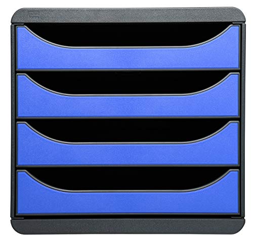 Exacompta 310779D Premium Ablagebox mit 4 Schubladen für DIN A4+ Dokumente. Belastbare Schubladenbox mit hoher Kapazität für mehr Platz auf dem Schreibtisch Big Box Iderama Schwarz|Eisblau von Exacompta
