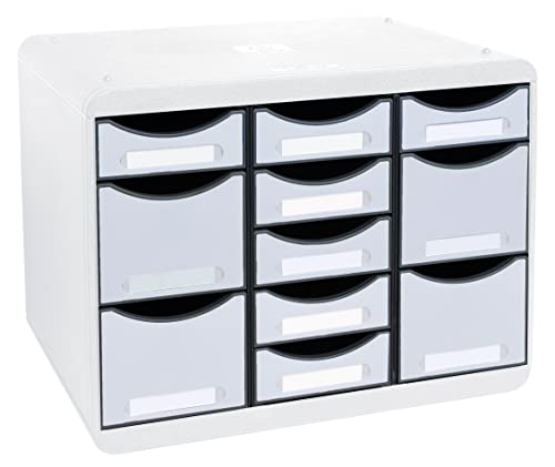 Exacompta 313740D Ablagebox Office aus Kunststoff mit 11 individuell platzierbaren Schubladen. Belastbare Schubladenbox im Querformat für mehr Ordnung. Store Box Multi lichtgrau von Exacompta