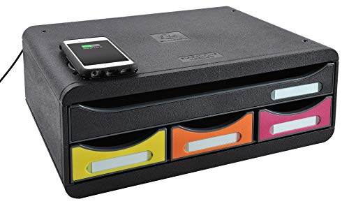 Exacompta 319798QID Ablagebox Toolbox Maxi mit 4 Schubladen (Qi Lade für Ihr Handy, ideal als Desktopsorter) 1 Stück, schwarz/harlequin von Exacompta