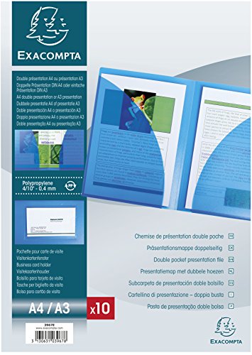 Exacompta 3967E 10er Pack Doppel-Präsentationsmappe für DIN A4 und DIN A3 geeignet, mit Visitenkartenhalterung Präsentationshülle doppelseitig transpartent von Exacompta