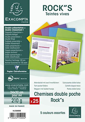 Exacompta 415000E Packung (mit 25 Aktendeckeln aus Manila-Karton, 2 Innenfächern, 210g, DIN A4, 21 x 29,7 cm) farbig sortiert von Exacompta