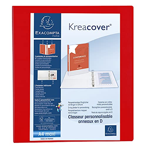 Exacompta 51843RE Ringbuch Kreacover aus festem PP, 4 Ringe, Rücken 64mm, DIN A4+, 1 Stück, Rot von Exacompta