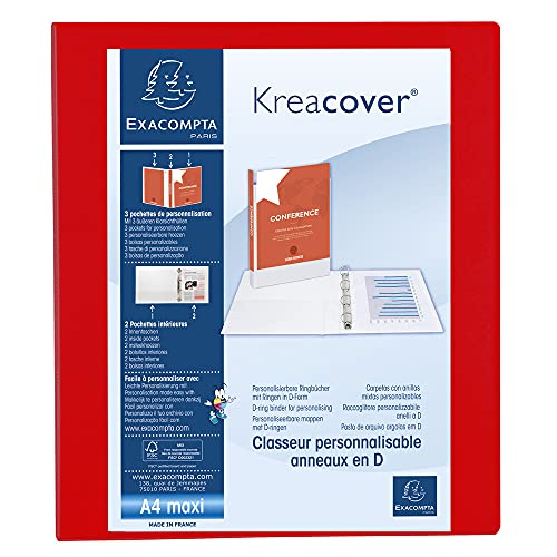 Exacompta 51846RE Ringbuch Kreacover aus festem PP, 4 Ringe, Rücken 47mm, DIN A4+, 1 Stück, Rot von Exacompta