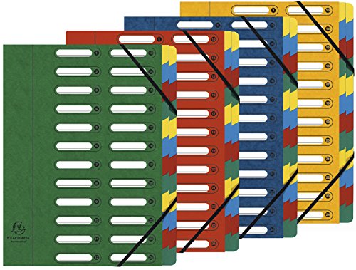 Exacompta 5324E Premium Ordnungsmappe Harmonika. Aus extra starkem Colorspan-Karton DIN A4 24 Fächer und 2 Gummizüge mit Indexfenster und dehnbarem Rücken Register-Mappe 1 Stück Zufallsfarbe von Exacompta