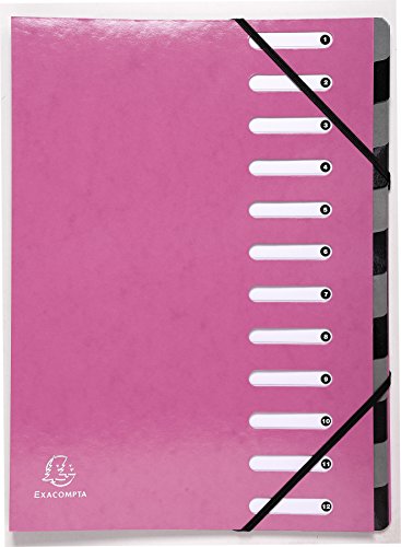 Exacompta 53928E Premium Ordnungsmappe Iderama. Aus beschichtetem Colorspan-Karton DIN A4 12 vollfarbige Fächer, dehnbarer Rücken und 2 Gummizüge mit Indexfenstern Register-Mappe rosa von Exacompta