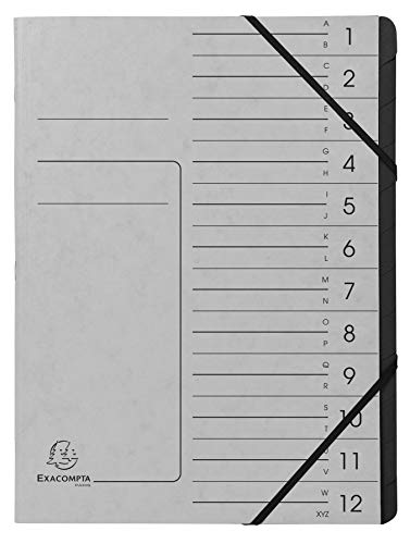 Exacompta 541211E Premium Ordnungsmappe geheftet. Aus extra starkem Colorspan-Karton DIN A4 12 schwarze Fächer und 2 Gummizüge mit Organisationsdruck Ringmappe Register-Mappe grau von Exacompta