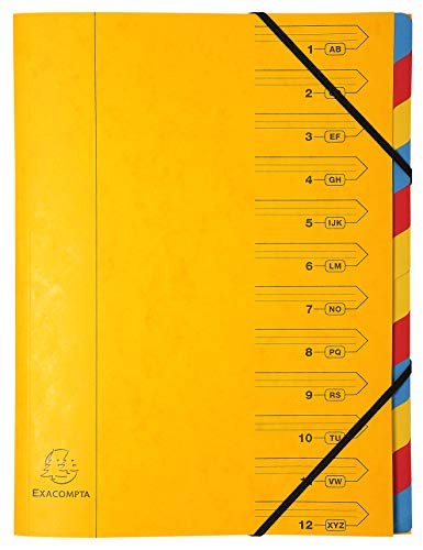 Exacompta 54129E Premium Ordnungsmappe geheftet. Aus extra starkem Colorspan-Karton DIN A4 12 vollfarbige bunte Fächer und 2 Gummizüge mit Organisationsdruck Ringmappe Register-Mappe gelb von Exacompta