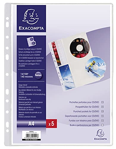 Exacompta 5501E Beutel mit 5 perforierten CD-Hüllen mit Klappe Hochwertiges PVC 14/100e Universallochung 11 Löcher A4 Farblos von Exacompta