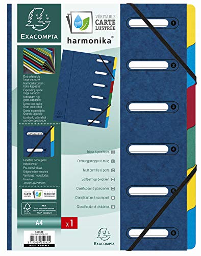 Exacompta 55062E Premium Ordnungsmappe Harmonika. Aus extra starkem Colorspan-Karton DIN A4 6 Fächer und 2 Gummizüge mit Indexfenster und dehnbarem Rücken Register-Mappe blau von Exacompta