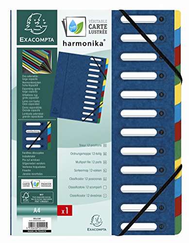Exacompta 55122E 6er Pack Premium Ordnungsmappe Harmonika. Aus extra starkem Colorspan-Karton DIN A4 12 Fächer und 2 Gummizüge mit Indexfenster und dehnbarem Rücken Register-Mappe blau von Exacompta