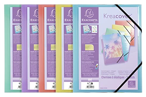 Exacompta 55279E 5er Pack Premium Einschlagmappe KreaCover Pastell. Aus Kunststoff DIN A4 mit 2 Gummizügen und 3 Klappen farbig sortiert Sammelmappe Dokumentenmappe ideal für Büro und Schule von Exacompta