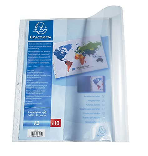 Exacompta 6205E 10er Pack Premium PP-Kunststoff Prospekthüllen. Für DIN A3 Quer gefaltet transparent glasklar oben offen Klarsichtfolie Plastikhülle Klarsichthülle ideal für Ordner und Ringbücher von Exacompta