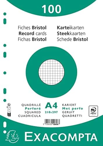 Exacompta - Ref. 10606E – Bristol Karteikarten, gelocht, Weiß, 100 Stück, A4, 205 g/m², kompatibel mit Druckern, geeignet für Prüfungen und Notizen, Weiß von Exacompta