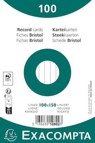 Exacompta Karteikarten 100 x 150 mm, liniert, ungelocht, foliert, für Tintenstrahldrucker, Laser- und Kopierer, 20 Packungen à 100 Stück, weiß von Exacompta