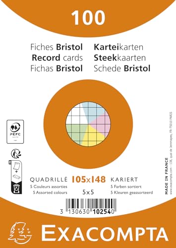 Exacompta - Ref. 10254E Karteikarten, kariert, 5 x 5, ungelocht, eingeschweißt, für Tintenstrahldrucker, Laser und Kopierer, Format 105 x 148 mm, verschiedene Farben, 100 Stück von Exacompta