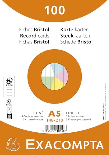 Exacompta - Ref. 10858E Karteikarten, liniert, ungelocht, eingeschweißt, für Tintenstrahldrucker, Laser- und Kopierer, Format 148 x 210 mm, verschiedene Farben, 100 Stück von Exacompta