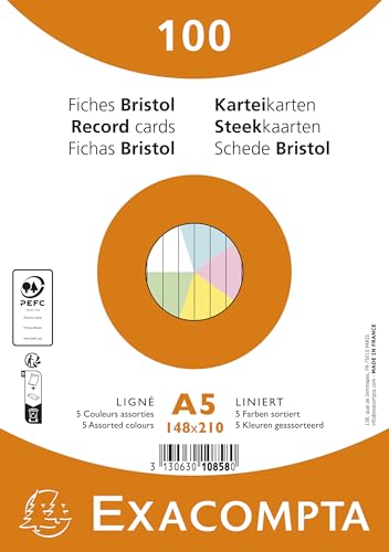 Exacompta - Ref. 10858E Karteikarten, liniert, ungelocht, foliert, für Tintenstrahldrucker, Laser- und Kopierer, 148 x 210 mm, 10 Packungen à 100 Stück, sortiert von Exacompta