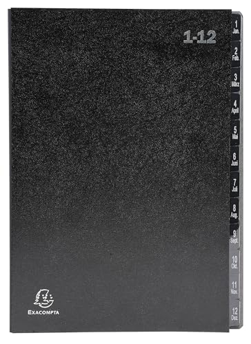 Exacompta - Ref. 57012E Ordnungsmappen, 12 Stück, fester Einband, innen aus recycelter Karte, digitale laminierte Registerkarten mit 1 bis 12-12 Fächern, Maße: 25 x 33 cm, für A4, Schwarz von EXACOMPTA