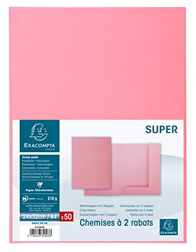 Exacompta - Ref 332003E Super 210 Schnellhefter mit 2 Klappen, 240 x 320 mm, geeignet für A4-Dokumente, 210 g/m² Karton, 2 Innenklappen, Pink, 50 Stück von Exacompta