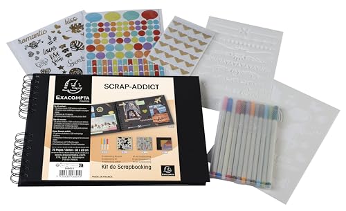 Exacompta16801E Scrapbooking Kit SCRAP-ADDICT spiralgebundenes Album 70 schwarze Seiten Format 32 x 22 cm 2 Schablonen 4 Bögen Sticker 2 Bögen selbstklebende Ecken 12 Filzstifte von Exacompta