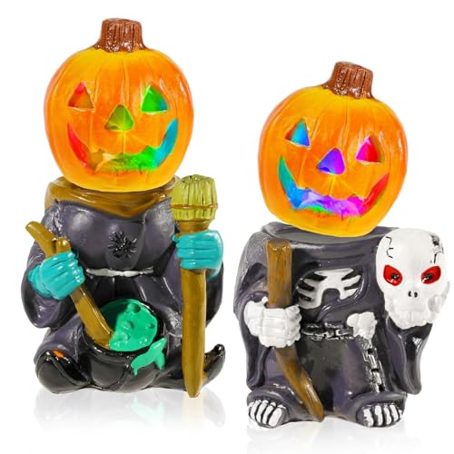 Exasinine Vintage-Halloween-Dekorationen für den Innenbereich, 14 cm, Kunstharz-Kürbis-Figuren mit flackernden Lichtern, Halloween-Dekoration, Ornamente, Geschenke (Jack-O'-Lantern), 2 Stück von Exasinine