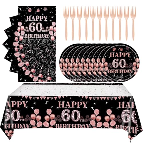 61pcs 60th Birthday Decorations, Rose Gold 60th Birthday Party Tableware For Ladies, Including Tablecloths, 7-Inch Plates, Napkins And Forks, 60th Plates And Napkins (For 20 Guests) (60) von Excavatess
