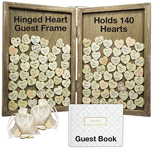 Hochzeitsgästebuch mit 140 leeren Holzherzen, traditionelles Gästebuch, Bilderrahmen, aufklappbar für einfache Tischaufstellung (braunes Holz) von Excello Global Products