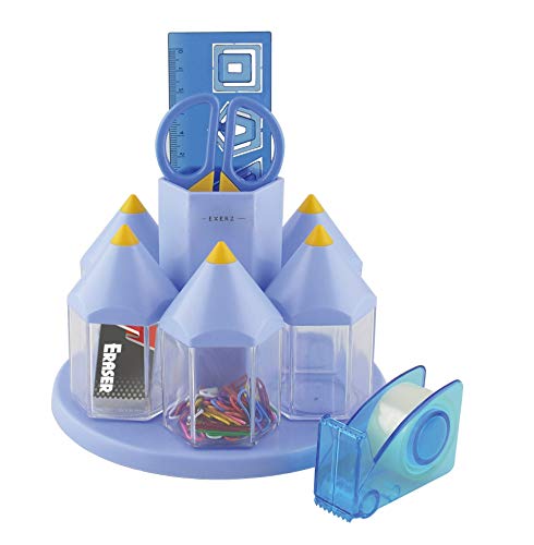 EXERZ Tisch-Organizer/Drehbares Ablagesystem Stiftehalterset mit 5 Zubehörbehältnissen - gefüllt mit Sicherheitsschere (NICHT scharf), Lineal, Klebebandabroller Radiergummi, Büroklammern (Blau) von EXERZ