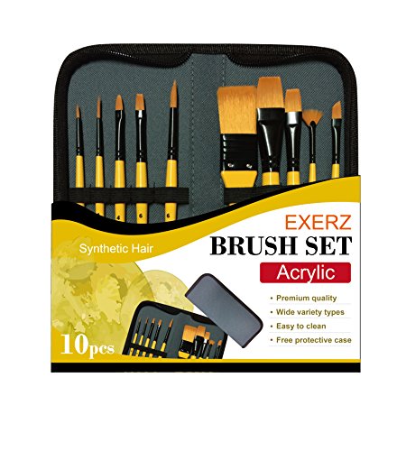 Exerz JH024 Künstler Pinsel Set – 10 Stück professionelle Synthetik Haar Pinsel in Einer Reisehülle/Perfekt für acrylische Wasserfarben Gouache & Gesichtsfarben von EXERZ