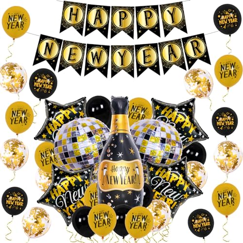 Schwarz Golden 2024 Folienballon Happy New Year Banner Bierflasche Latex Folienballon Weihnachtsdeko Für Home Party Neujahr Ballon von Exingk