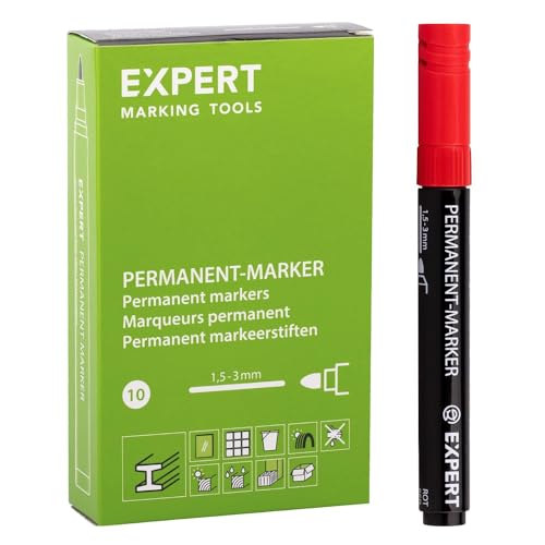EXPERT Permanentmarker Rot | Rundspitze, wasserfest & schnelltrocknend | Sicher ohne Xylol & Toluol | Ideal für Glas, Holz, Metall, Kunststoff | 10er Pack im Kartonetui von Expert