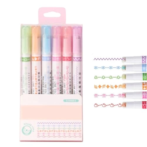 6 Stifte mit Stempelrolle, Kurvenstifte für Notizen, Doppelspitzen-Highlighter-Stift-Set mit verschiedenen Kurvenformen und feinen Linien, Roller Marker für Notizen, Journaling, Schulbedarf (D) von Explcior