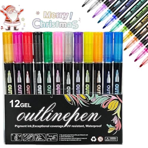 Marker für Highlight, 12/24 Farben, Konturenmarker, doppelreihig, schimmernd, Acrylfarben-Marker, Glitzerstifte für Bastelarbeiten, Weihnachtsgrußkarten, Sammelalbum, Metall, Keramik, Glas (12) von Explcior