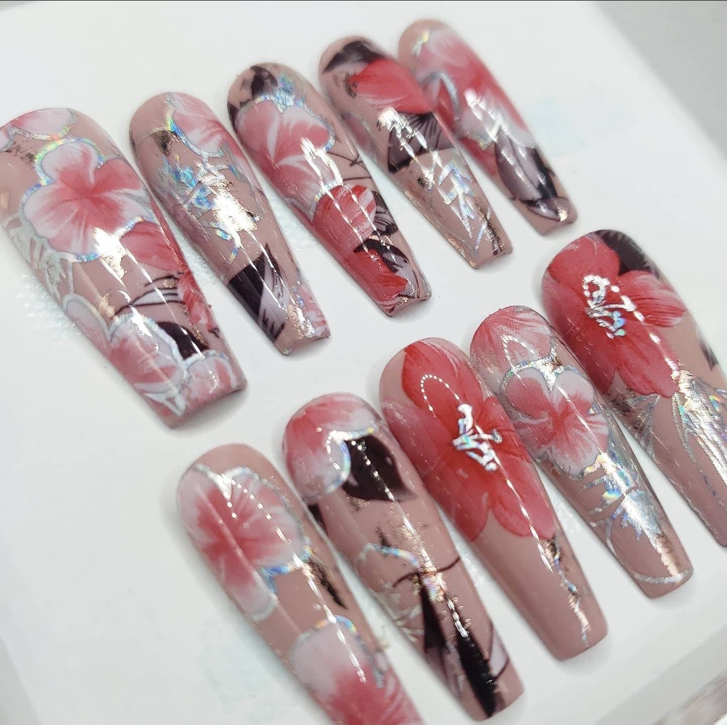 Rosa Nägel/Blumennägel Mit Blumendruck Kirschblütennägel Zum Aufbügeln Rosa Nägel/Blumennägel Mit Blumendruck Kirschblütennägel Zum Aufbügeln von ExpressnailsDesigns
