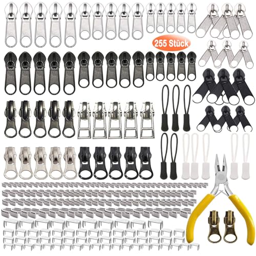 Exquilnova 255 Stück Reißverschluss Reparatur Set, Reißverschluss Zipper Ersatz, Zipper Repair Kit mit Reissverschluss, Zange und Ersatzteile, für Jacke, Zelt, Gepäck, DIY (3 Größen: #3/5/8) von Exquilnova