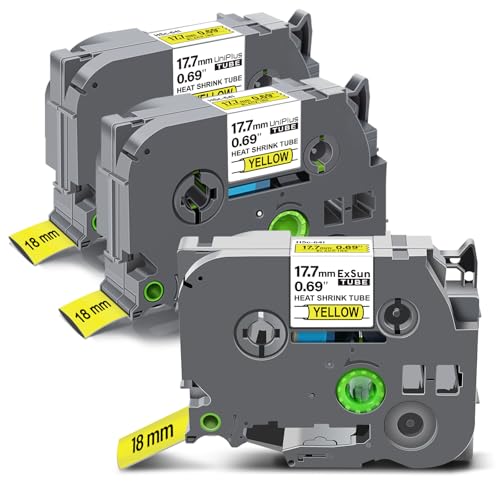 Exsun 3er-Pack 17,7mm Schrumpfetikett Kompatibel für Brother HSe-641 HSe641 HS641 Hsc641 Schrumpfschläuche Etikettenband für Ptouch PT-E550WVP E300 D210VP 600VP P750W P950NW H300 H500 Schwarz auf Gelb von Exsun