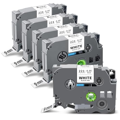 Exsun kompatibel 9mm Schriftband für Brother TZe-221 TZe221 TZ-221 TZ Tape für PT-H105 PT-H107B PT-H100LB 1000 PT-D210VP D600VP D400 PT-E100 P700 PT-H100R PTP750W Schwarz auf Weiß 5Pack von Exsun