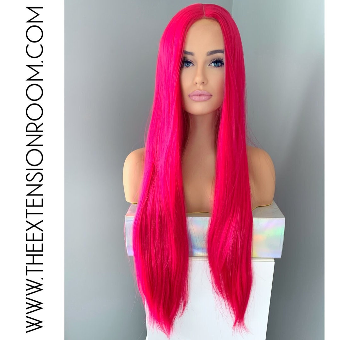 Lange Neon Pink 32 Zoll Seidige Gerade Teilweise Lace Front Perücke - Kitty von ExtensionRoomCA