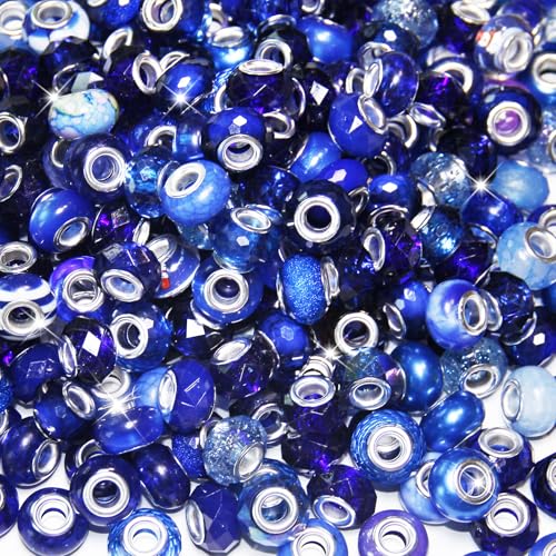 150 Stück europäische Perlen mit großem Loch, verschiedene europäische Bastelperlen, dunkelblau, große Löcher, Feenstäbe, Gartenperlen, großes Loch, Lampwork-Abstandshalter für DIY-Stifte, Charms von Exway