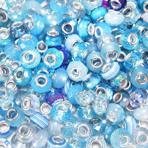 150 Stück europäische Perlen mit großem Loch, verschiedene europäische Bastelperlen, hellblau, große Löcher, Feenstäbe, Gartenperlen, großes Loch, Lampwork-Abstandshalter für DIY-Stifte, Charms 150 Stück europäische Perlen mit großem Loch, verschiedene europäische Bastelperlen, hellblau, große Löcher, Feenstäbe, Gartenperlen, großes Loch, Lampwork-Abstandshalter für DIY-Stifte, Charms von Exway