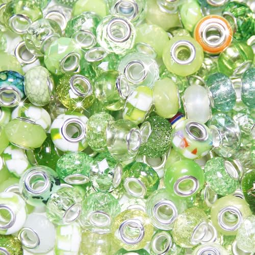 150 Stück europäische Perlen mit großem Loch, verschiedene europäische Bastelperlen, hellgrün, große Löcher, Feenstäbe, Gartenperlen, großes Loch, Lampwork-Abstandshalter für DIY-Stifte, Charms 150 Stück europäische Perlen mit großem Loch, verschiedene europäische Bastelperlen, hellgrün, große Löcher, Feenstäbe, Gartenperlen, großes Loch, Lampwork-Abstandshalter für DIY-Stifte, Charms von Exway