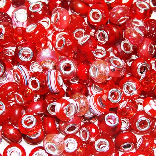 150 Stück europäische Perlen mit großem Loch, verschiedene europäische Bastelperlen, rote große Löcher, Feenstäbe, Gartenperlen, großes Loch, Lampwork-Abstandshalter für DIY-Stifte, Charms von Exway
