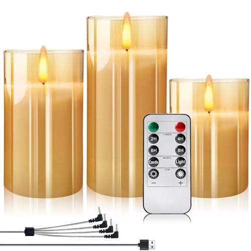 Eyein LED Flammenlose Kerzen, 3er-Set Wiederaufladbar Glas kerze mit Fernbedienung und 24 Stunde Timer, Led Kerzen mit Flackereffekt für val-Hausparty-Dekoration, aus echtem Wachs gefertigt, Golden von Eyein