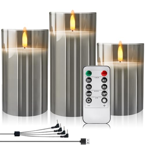 Eyein LED Flammenlose Kerzen, 3er-Set Wiederaufladbar Glas kerze mit Fernbedienung und 24 Stunde Timer, Led Kerzen mit Flackereffekt für val-Hausparty-Dekoration, aus echtem Wachs gefertigt, Grau von Eyein