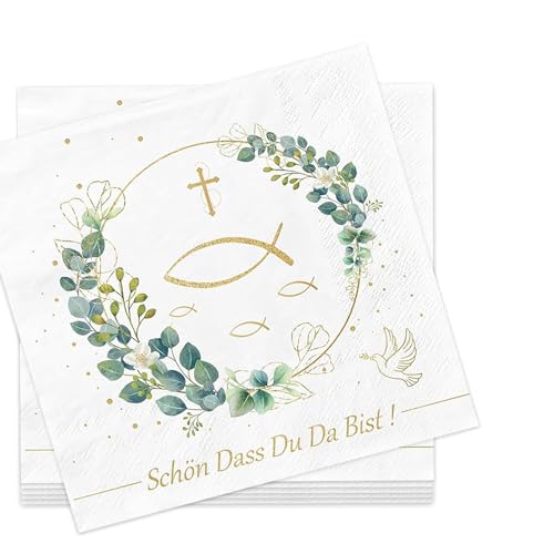20 Stück Servietten Fisch um Eukalyptus weiß als Tischdeko,Konfirmation Deko Servietten,Schön dass Du da bist, Tischdeko für Taufe, Kommunion, Konfirmation und mehr von Eymobad