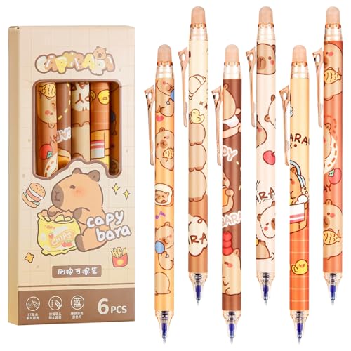 6 Stück Capybara Stifte,Radierbarer Kugelschreiber,0,5mm Kapibara Gelstifte Radierbar,Löschbare Einziehbare Stifte,Niedliche Cartoon Stift,Studenten Geschenk Schule Bürobedarf Schulsachen (Blau) von Eymobad